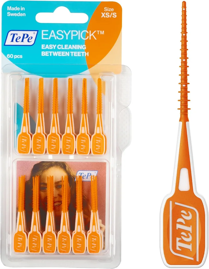 TePe ▫️ Palitos dentários EasyPick, Laranja, ISO XS-S, 60 unidades | Ferramenta para remover a placa dentária, limpeza interdental fácil e eficaz, palitos para espaços estreitos