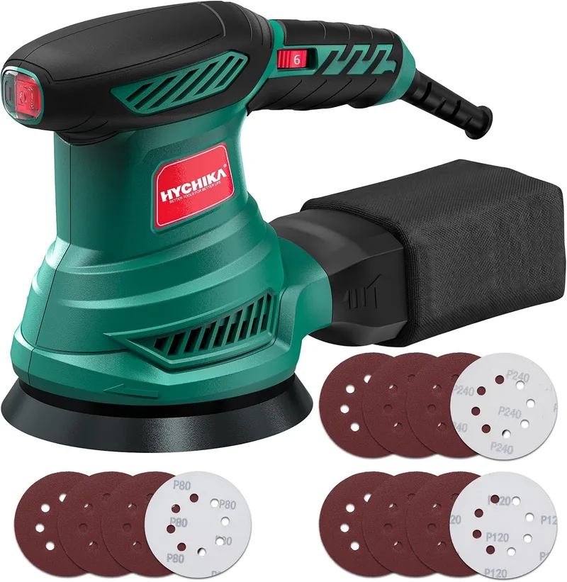 HYCHIKA BETTER TOOLS FOR BETTER LIFE ▫️ Lixadeira orbital HYCHIKA de 300 W, lixadeira rotativa-orbital com motor de cobre puro, 6 velocidades, 13 000 RPM, 12 folhas de lixa de 125 mm (grão 240/120/80), com saco de recolha lavável, para lixar madeira e metal