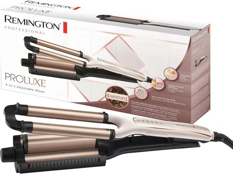 Remington ▫️ Modelador de Cabelo para Ondas [4 em 1: 4 tipos de ondas] PROluxe (Tecnologia OPTIHeat, penteados duradouros, cerâmica, 5 níveis de temperatura até 210 °C, ajuste Pro+, digital, aquecimento em 30 s) CI91AW