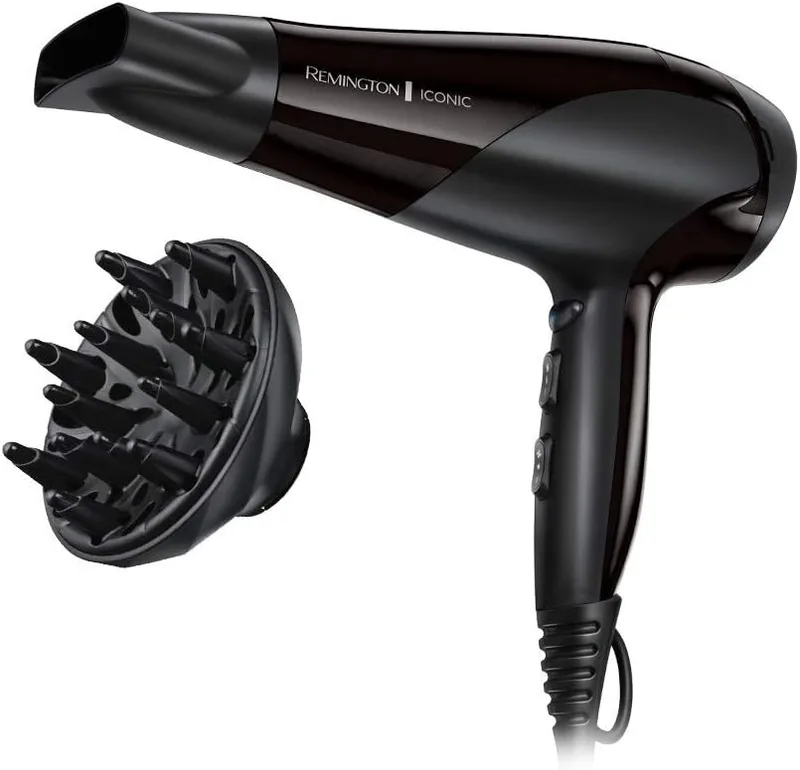 Remington ▫️ Secador de cabelo Ionic Dry 2200, iónico, cabelo sem frisado, 2200 watts, concentrador e difusor, 3 temperaturas, 2 velocidades, grelha traseira amovível, gancho de suspensão, D3198