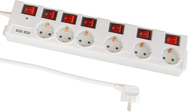 FeinTech ▫️ MD000652 Extensão eléctrica de 6 vias com interrutor único USB para proteção contra picos de tensão Branco