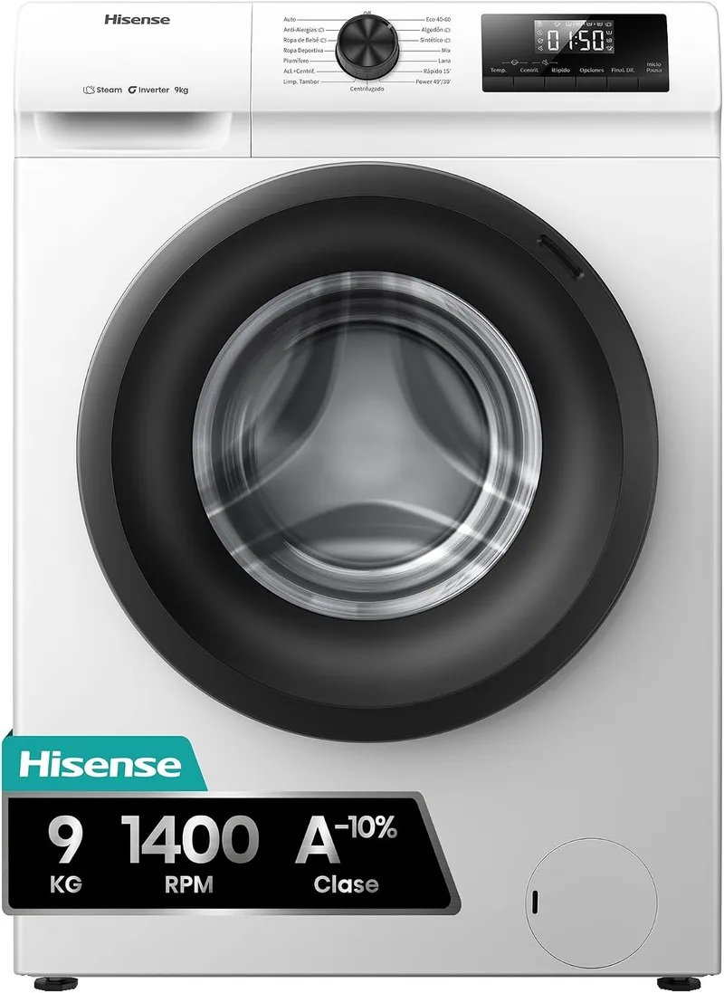 Hisense ▫️ WF1Q9041BW - Máquina de lavar roupa, Classe A, 9 kg, 1400 rpm, Altura 84,5 cm x Largura 59,5 cm, Cor Branca, Função de Vapor 99,9%, Lavagem Rápida+, Lavagem Automática, Finalização Adiada, Tecnologia Inverter