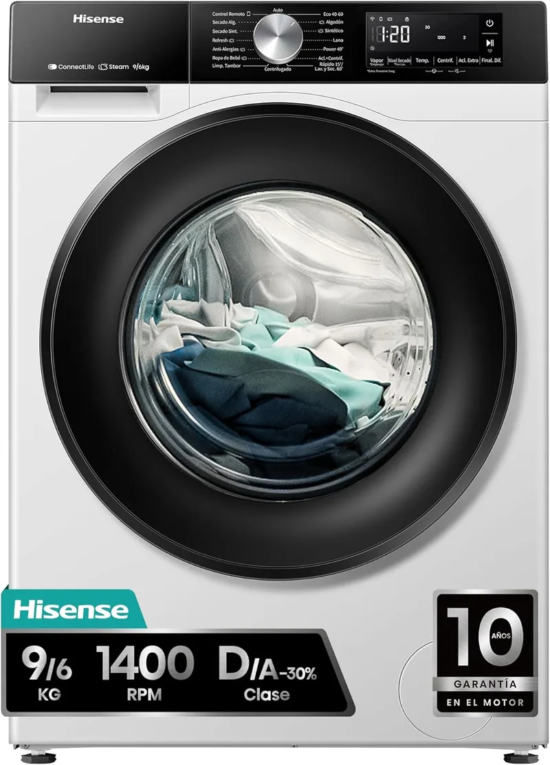 Hisense ▫️ WD3S9043BW3-Máquina de lavar e secar roupa, 9/6Kg, classe A-30%/D, 1400 RPM, largura 60cm, 15 programas, tecnologia Inverter, série 3S