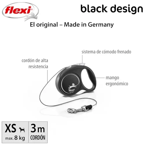 FLEXI ▫️ ® Black Design XS | 3 m de trela retrátil com cordão | máx. 8 kg 2
