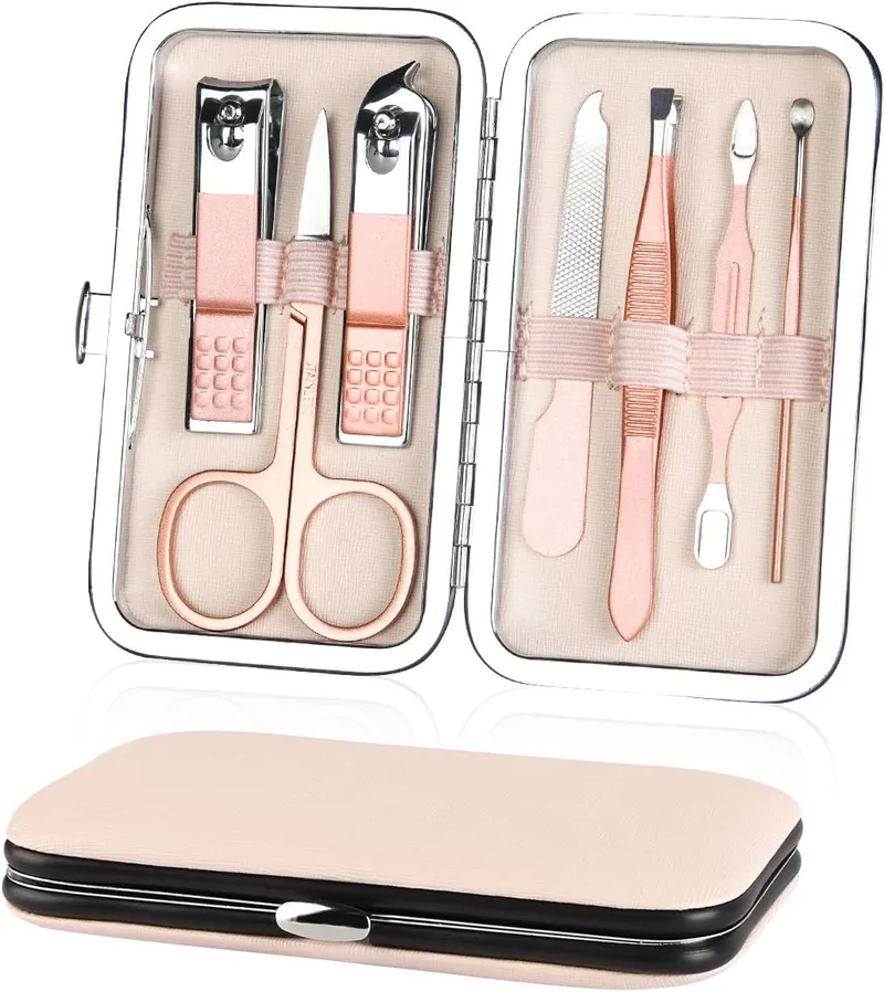 URAQT ▫️ Conjunto de manicure e pedicure 7 peças: cortador de unhas, tesoura para unhas com ferramentas para remover cutículas, aço inoxidável, cortador de unhas profissional para viagens e uso doméstico, com estojo em pele, ouro rosa