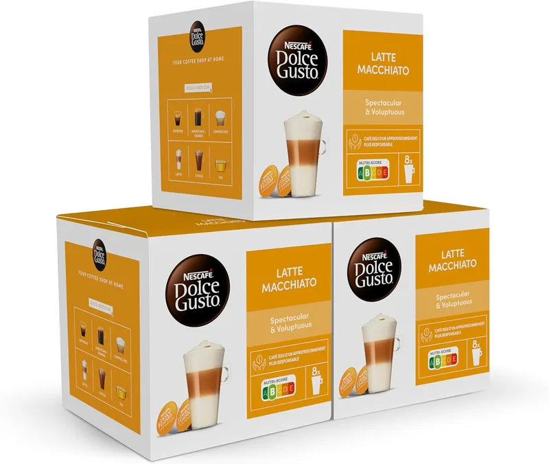 Nescafé Dolce Gusto ▫️ Latte Macchiato - Cápsulas de café, 48 cápsulas (3 x 16) - Originais para máquinas de café Dolce Gusto