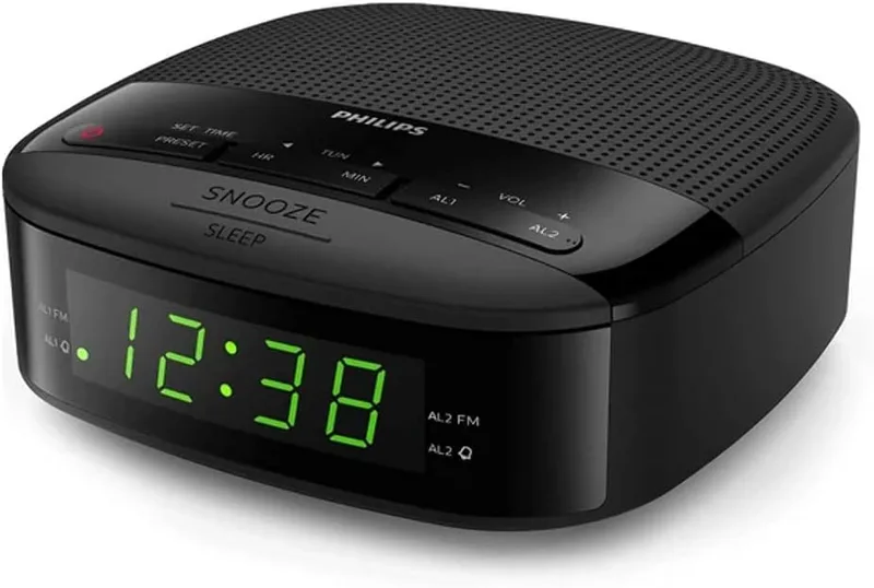 Philips ▫️ Rádio-despertador R3205/12 Rádio FM (alarme duplo, temporizador, design compacto, rádio digital FM, bateria de reserva), cor preta