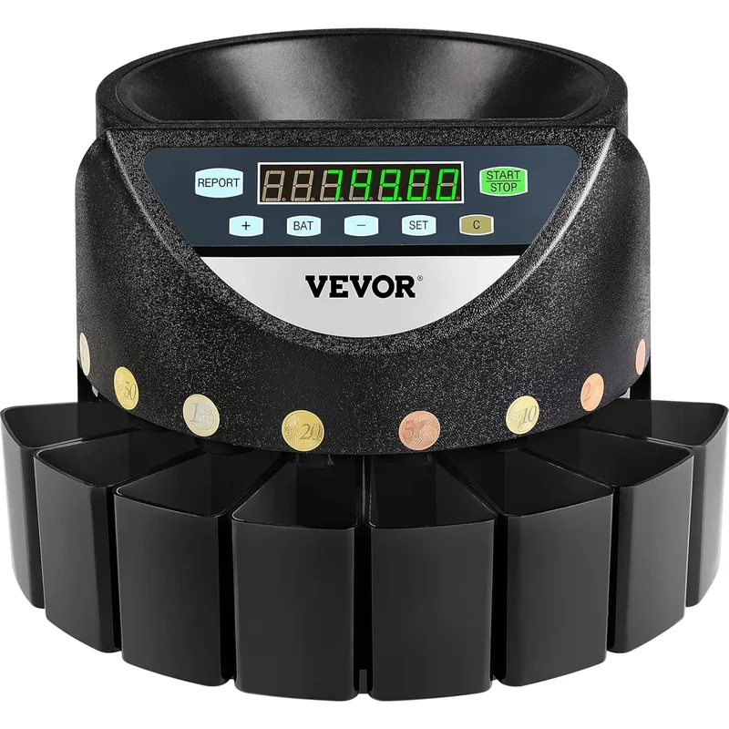 VEVOR ▫️ Contador de moedas Euro profissional 300 unidades por minuto, classificador de moedas com ecrã LED de 7 dígitos, máquina de contagem de moedas com 8 caixas de recolha de alta precisão