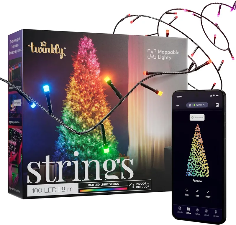 Twinkly ▫️ Strings - 100 luzes LED RGB para interior e exterior, luzes inteligentes multicoloridas, compatíveis com HomeKit, Alexa e Google Home, conjunto de luzes IP44, controladas por aplicação