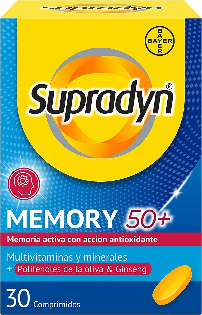 Supradyn ▫️ Memory 50+ Multivitaminas para a memória e a concentração, vitaminas, vitamina C, minerais, ginseng, zinco, sem glúten, sem lactose, laranja, amarelo, 30 comprimidos