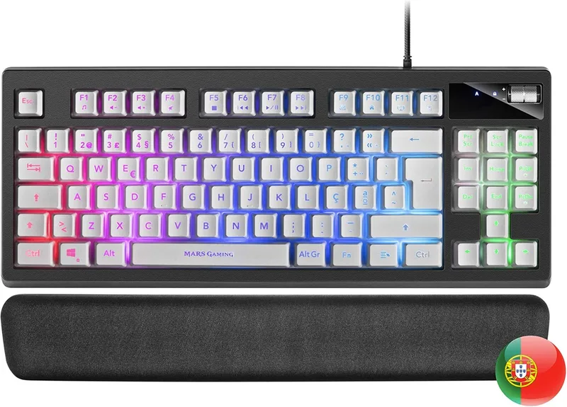 Mars Gaming ▫️ MKAXWPT Teclado compacto TKL H-Mech, iluminação RGB de 9 efeitos, apoio de pulso em gel, branco, idioma português