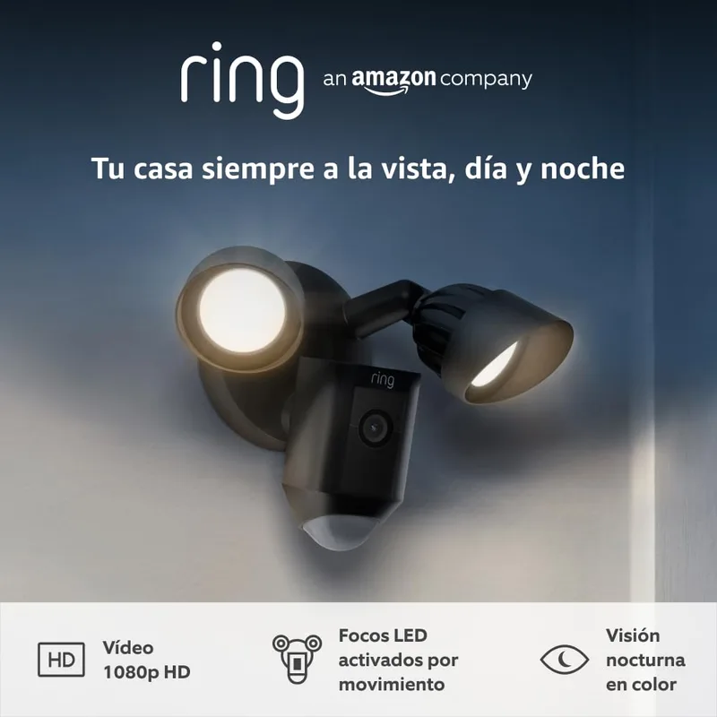 Ring ▫️ Câmara Plus com holofotes com fios (Floodlight Cam Wired Plus) | Câmara de vigilância exterior Wi-Fi com vídeo HD, comunicação bidirecional, holofotes LED, sirene integrada | 30 dias grátis Home