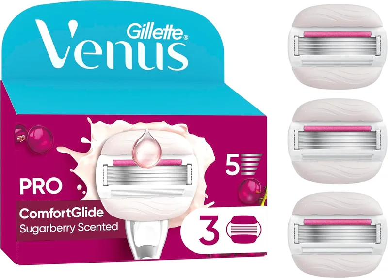 Gillette Venus ▫️ Pro Comfortglide Sugarberry Scented Razor Blades with Olay Moisturising Cream, 3-Pack of Refills