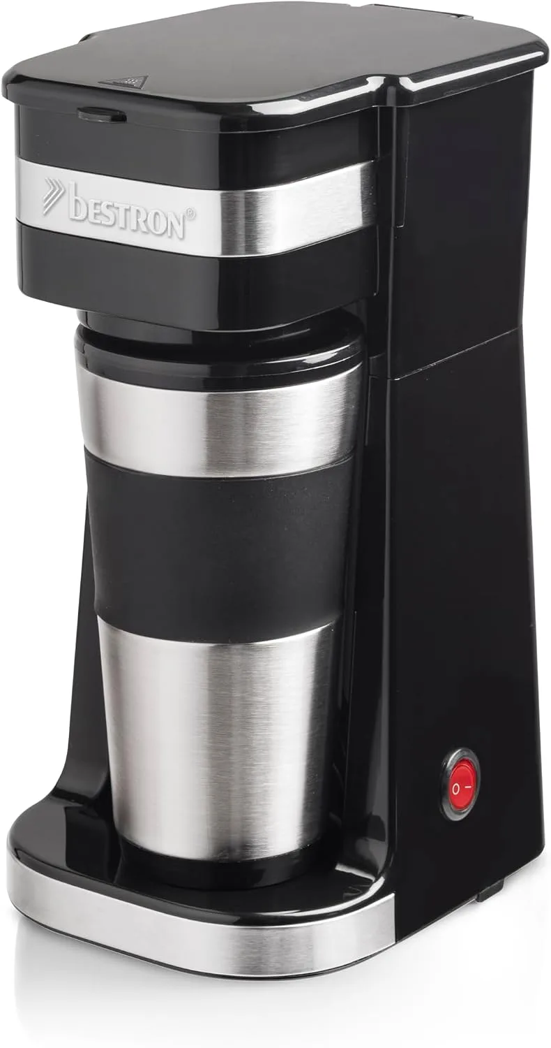 Bestron ▫️ Máquina de café máquina de café por gotejamento com chávena isolada, para café de filtro moído, 2 chávenas grandes, 750 watts, aço inoxidável, 0,42 litros, cor: preto