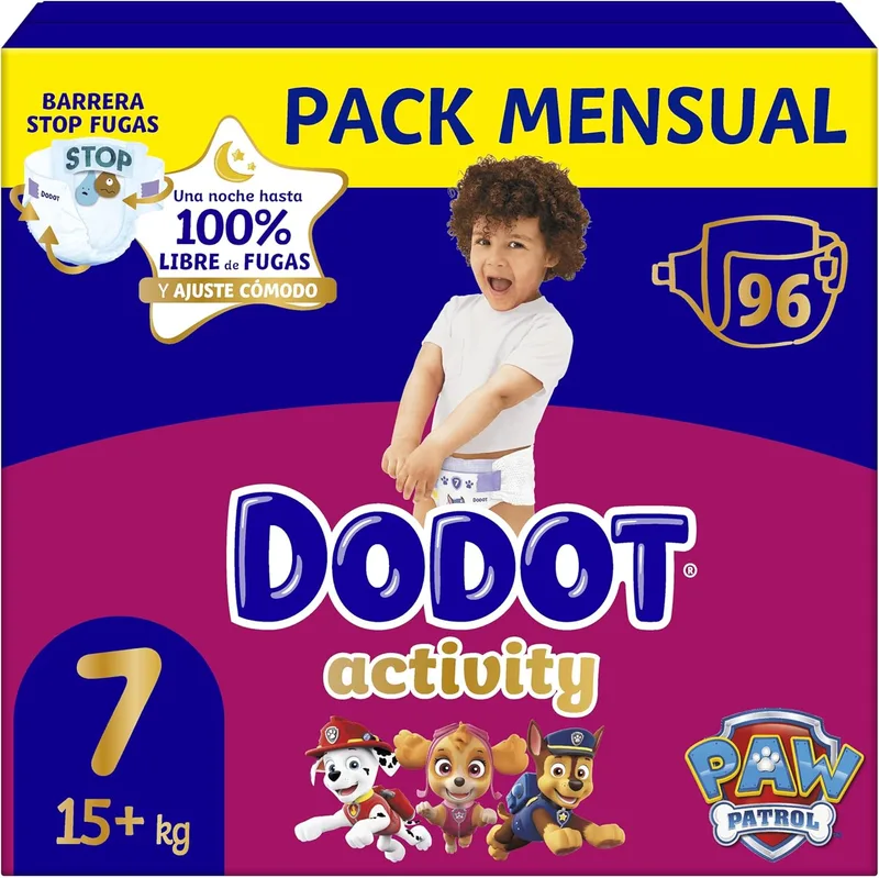 DODOT ▫️ Fraldas Activity para bebé, Tamanho 7 (15+ kg), 96 fraldas, até 12 horas de proteção contra fugas e ajuste, embalagem mensal