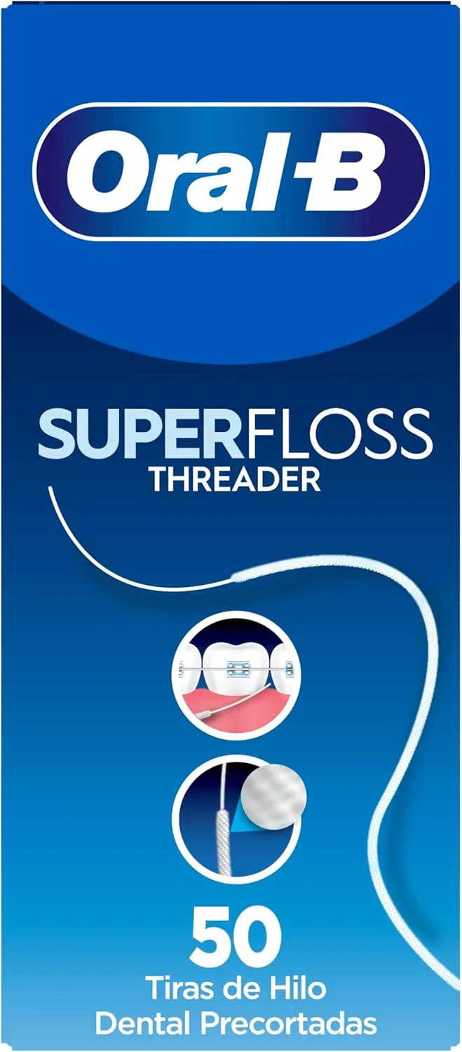 Oral-B ▫️ Superfloss Flosser Threader, remove a placa bacteriana e o tártaro, pontas rígidas ou fio almofadado, para limpar suportes e aparelhos, 50 fios pré-cortados