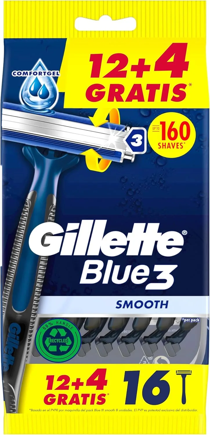 Gillette ▫️ Blue3 Smooth Navalhas Descartáveis para Homem, 12+4 Embalagens Grátis, Navalhas Sensíveis de Três Lâminas, com Cabeça Rotativa de 40° e Fita Lubrificante, Azul