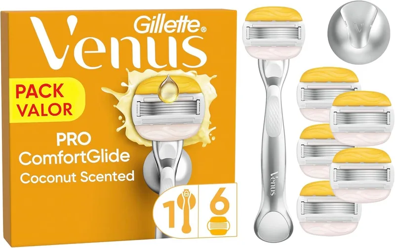 Gillette Venus ▫️ Pro Comfortglide Removedor de Pêlos com Cheiro a Coco e Recargas com Creme Hidratante Olay, 1 Cabo de Metal, 6 Lâminas de Substituição e Suporte para Duche