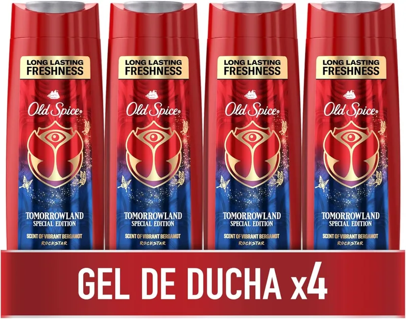 Olay ▫️ Old Spice Tomorrowland Special Edition Men's Shower Gel & Shampoo 4x400ml, Gel 3 em 1 multiusos para rosto, corpo e cabelo, frescura duradoura, fragrância excecional, limpeza profunda