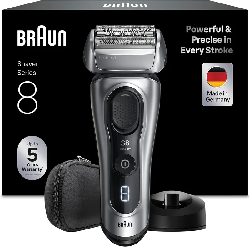 Braun ▫️ Máquina de barbear eléctrica Men's Series 8, máquina de barbear a seco e a húmido com cabeça de corte e aparador de precisão, utilização de 60 minutos, base de carregamento e estojo de viagem, 8617S, prateado