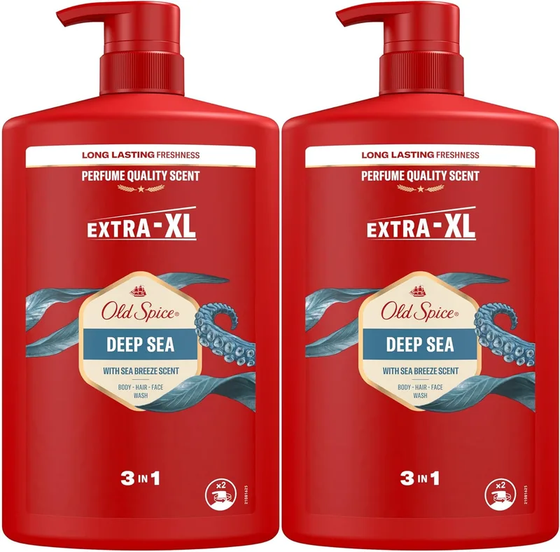 Old Spice ▫️ Deep Sea Men's Shower Gel & Shampoo 2x1000ml, Gel 3 em 1 multiusos para rosto, corpo e cabelo, frescura duradoura, fragrância excecional, limpeza profunda