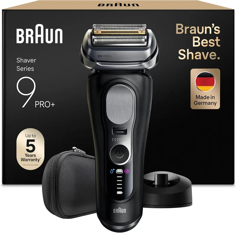 Braun ▫️ Máquina de barbear eléctrica para homem Series 9 PRO+, máquina de barbear a seco e a húmido, tecnologia 5+1, sem fios, 60 minutos, base de carregamento, estojo de viagem, 9610SI, preto, preto
