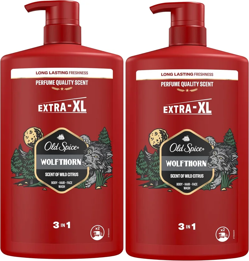 Old Spice ▫️ Wolfthorn Men's Shower Gel & Shampoo 2x1000ml, Gel 3 em 1 multiusos para rosto, corpo e cabelo, frescura duradoura, fragrância excecional, limpeza profunda