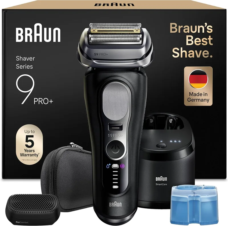 Braun ▫️ Máquina de barbear eléctrica para homem Series 9 Pro+, máquina de barbear a húmido e a seco com tecnologia 5+1, tempo de utilização de 60 minutos, centro de limpeza, estojo de viagem, cabeça ProComfort, 9690CCE, preto