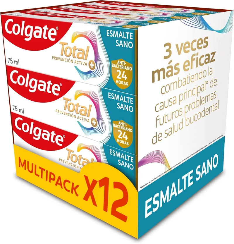 Colgate ▫️ Total Advanced Enamel Healthy Toothpaste, embalagem de 12 x 75 ml, ajuda a reparar o esmalte enfraquecido, pasta de dentes branqueadora com defesa antibacteriana reforçada durante 24 horas para a boca