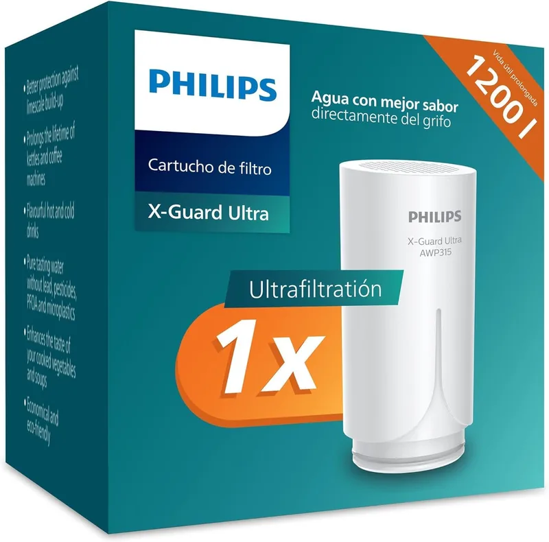 PHILIPS ▫️ Cartucho de filtro Water Ontap AWP315/10, ULTRAFILTRAÇÃO, capacidade de filtração de 1200 L, reduz o CLORO, o CHUMBO, os MICROPLÁSTICOS e as BACTÉRIAS e melhora o sabor da água