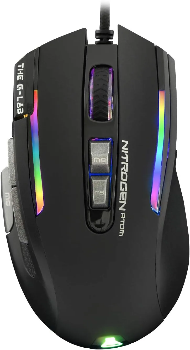 The G-Lab ▫️ Rato de jogos G-Lab Kult NITROGEN Atom com cabo de alto desempenho – Sensor ótico de 4800 dpi, RGB, 9 botões programáveis, ultraleve, ideal para MOBA/FPS – Compatível com PC/PS5/Xbox One – Preto