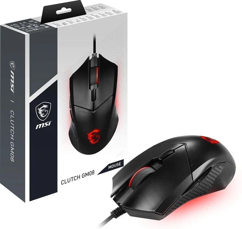 MSI ▫️ Clutch GM08 – Rato para jogos com sensor ótico de 4200 dpi, ajuste de peso, RGB vermelho, 6 botões programáveis e design ergonómico ambidestro