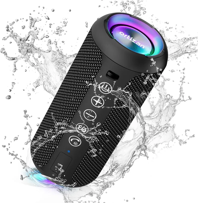 Ortizan ▫️ Altifalante Bluetooth Potente e Portátil com Luz LED, Mini Altifalante Portátil com Função Mãos-Livres, Proteção IPX7 contra a Água e Som Envolvente de 360°, Altifalante Sem Fios para