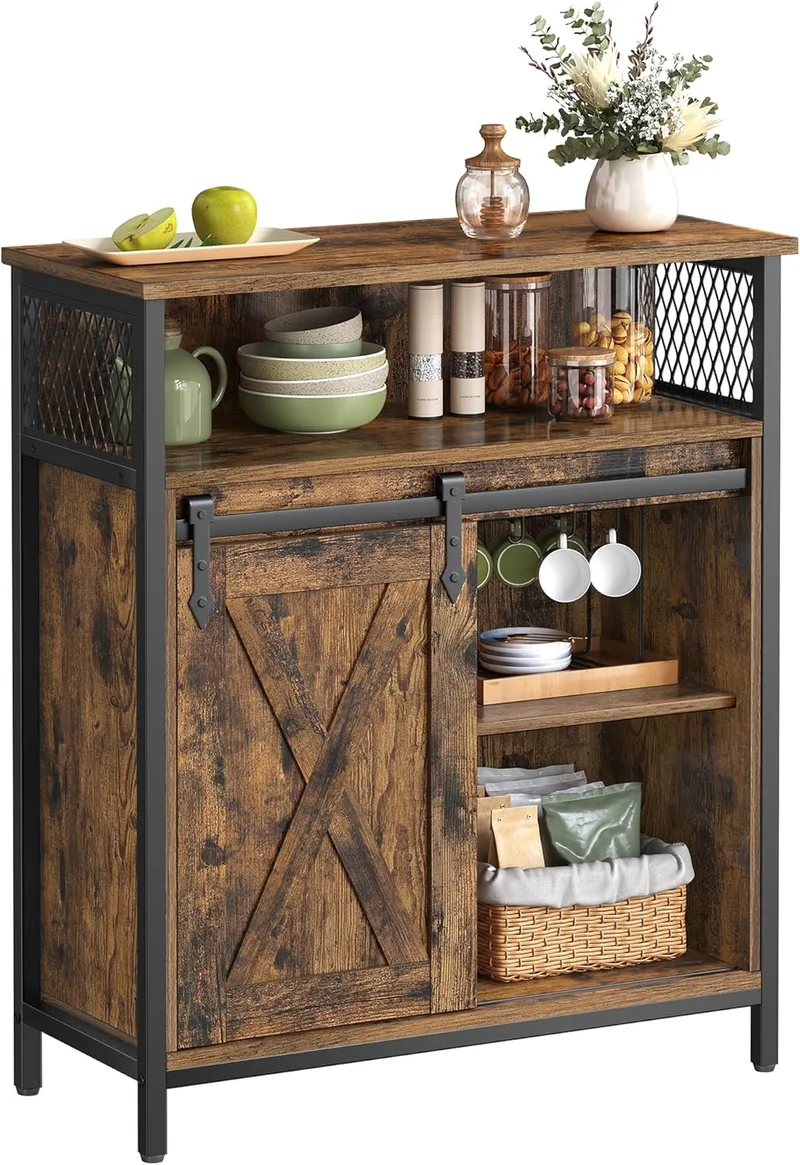 VASAGLE ▫️ Aparador, armário de cozinha, armário de arrumação, com porta de correr, 30 x 70 x 80 cm, prateleiras ajustáveis, para sala de estar, castanho rústico e preto tinta LSC089B01