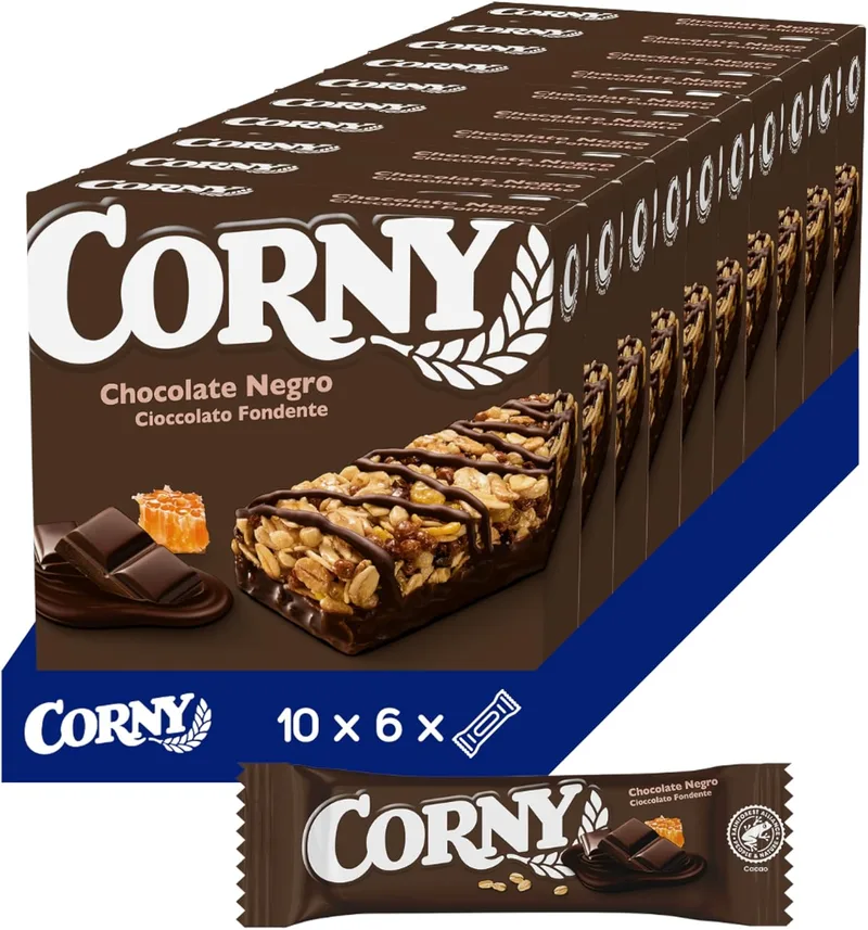 Corny ▫️ Barras de cereais com chocolate preto. 10 embalagens com 6 barras 10x(6x23 g)