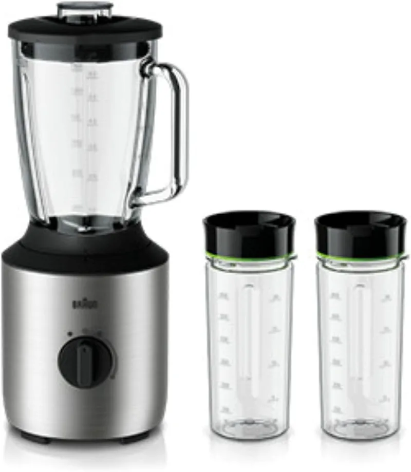 Braun ▫️ JB 3272 SI PowerBlend 3 - Liquidificador (inclui 2 garrafas Smothie2Go, taça de vidro de 1,5 l para ingredientes quentes e frios, adequada como triturador de gelo e liquidificador, taça de vidro de 1,5 l para ingredientes quentes e frios, adequada como triturador de gelo e liquidificador, t