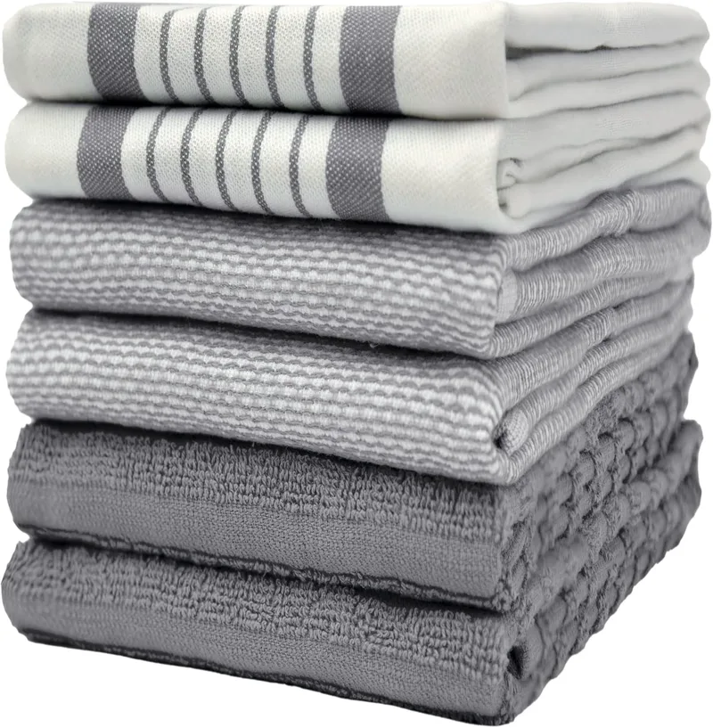Bumble Towels ▫️ Toalhas de cozinha de algodão Bumble, pacote de 6, tamanho XL, 50 x 70 cm, elegantes, macias e resistentes, algodão fiado em anel em 3 texturas diferentes (cinzento)