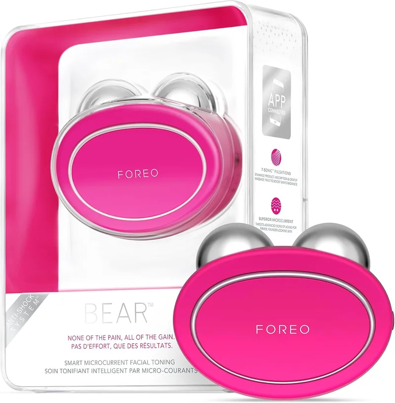 FOREO ▫️ BEAR - Aparelho elétrico de massagem facial com microcorrentes - Define o contorno da mandíbula - Lifting facial não invasivo - Antirrugas - Seguro e indolor - Fúcsia