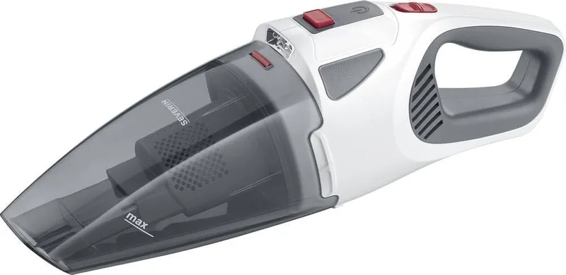 Severin ▫️ Aspirador de mão 4 em 1 a bateria, aspirador sem fio para o carro, pêlos de animais de estimação e líquidos, aspirador potente, até 30 minutos, branco, cinzento e vermelho, HV 7146
