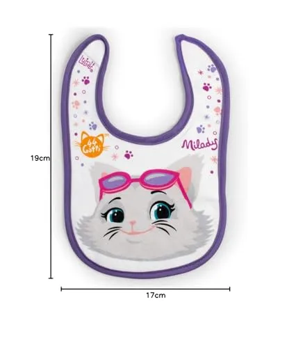 Lulabi ▫️ 44 GATTI GIRL Conjunto de 3 babetes para bebé, 100% algodão macio com estampado de 44 gatos, conjunto de babetes, velcro, hipoalergénicos, reutilizáveis, unissexo, 19 x 17 cm, multicolorido 5