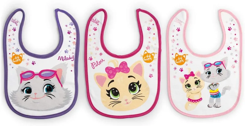 Lulabi ▫️ 44 GATTI GIRL Conjunto de 3 babetes para bebé, 100% algodão macio com estampado de 44 gatos, conjunto de babetes, velcro, hipoalergénicos, reutilizáveis, unissexo, 19 x 17 cm, multicolorido