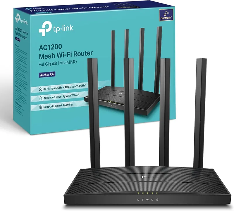 TP-Link ▫️ Archer C6 - Router WiFi AC1200, Banda dupla (5GHz/2,4GHz), 5xPortas Gigabit, 4xAntenas externas, MU-MIMO, WPA3, Modo de ponto de acesso, Tecnologia OneMesh, Preto, Cor: Preto