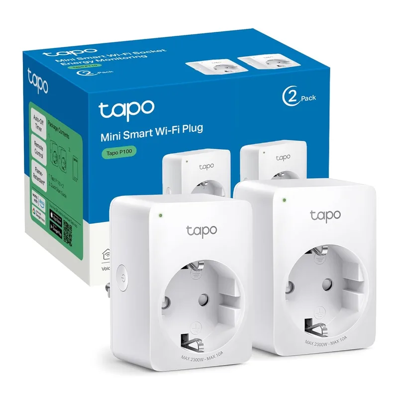 Tapo ▫️ P100 (2 unidades) – Mini-tomada inteligente Wi-Fi, ideal para programar o ligar/desligar e poupar energia, não requer um hub, compatível com Alexa e Google Home, branca
