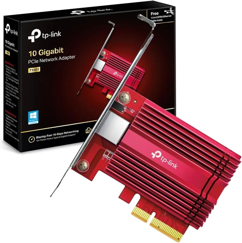 TP-Link ▫️ [Novo] TX401 – Placa de rede PCIe de 10 GB/s, adaptador 10GBase-T com dissipação avançada, compatível com 5G/2,5G/1G, inclui cabo Cat6A, baixa latência, ideal para jogos e NAS, Windows e Linux