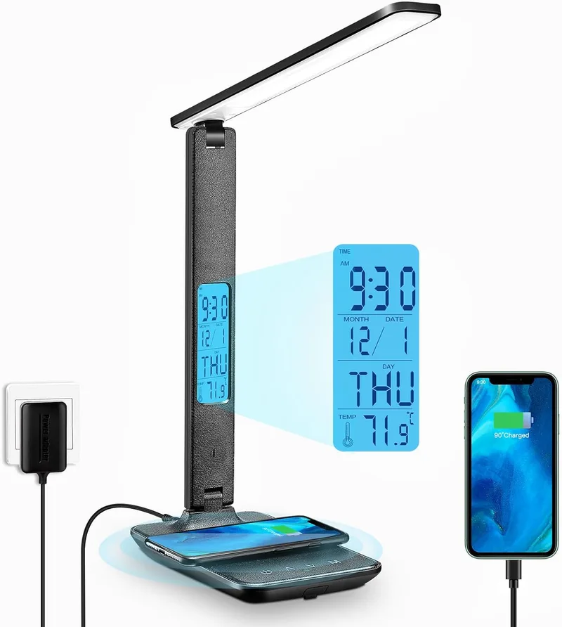 LAOPAO ▫️ Candeeiro de secretária candeeiro de secretária LED com carregamento sem fios e porta USB, controlo tátil, 5 níveis de brilho, candeeiro de escritório flexível e ajustável para trabalhar, estudar e ler