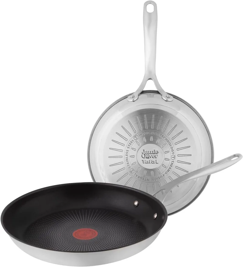 Tefal ▫️ Jamie Oliver - Conjunto de 2 frigideiras de 24/28 cm, adequadas para indução, antiaderentes, com revestimento de titânio, Thermo-signal, laváveis na máquina de lavar louça e adequadas para o forno, em aço inoxidável