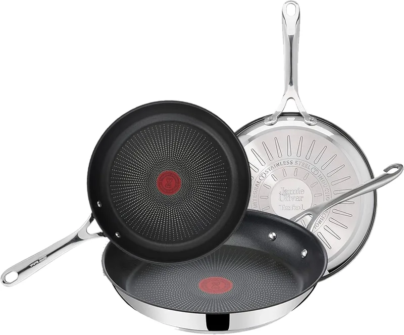 Tefal ▫️ Jamie Oliver - Conjunto de 3 frigideiras 20/24/28 cm, indutivas, antiaderentes, revestidas a titânio, com sinal térmico, laváveis na máquina de lavar louça e no forno, aço inoxidável