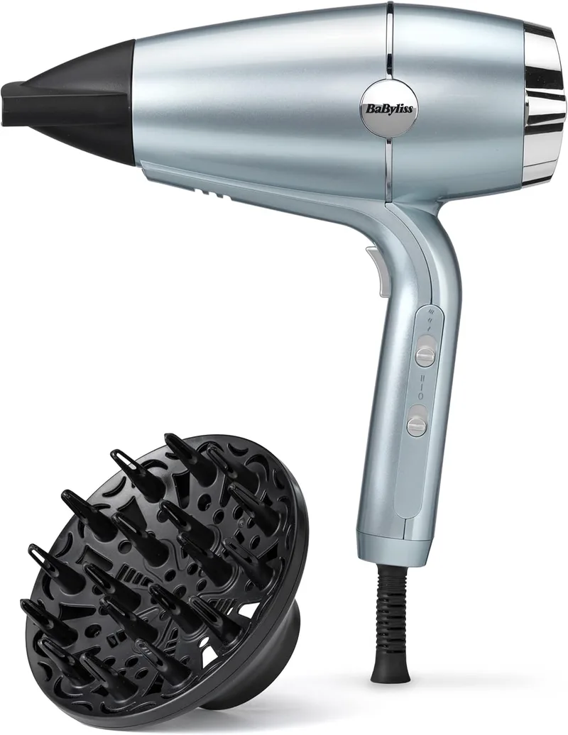 BaByliss ▫️ Secador de Cabelo Profissional D773DE Hydro Fusion Super Ionic, Brilho e Hidratação, Tecnologia de Plasma, Difusor, Ar Frio, Leve e Compacto, 3 regulações de calor, 2 velocidades, Azul Claro