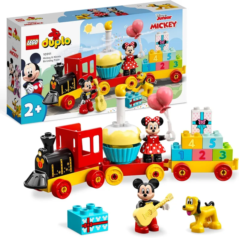 LEGO ▫️ Duplo | Comboio de Aniversário da Disney com o Mickey e a Minnie – Brinquedo para meninos e meninas a partir dos 2 anos – Jogo educativo infantil com blocos com números e 3 figuras, incluindo o Pluto – Ideia para presente 10941