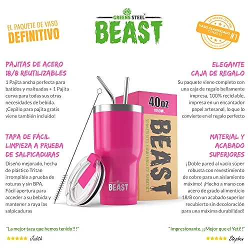 Greens Steel ▫️ Beast Tumbler – 1100 ml (40 oz), Rosa Ponqué | Copo reutilizável em aço inoxidável com isolamento a vácuo | com 2 palhinhas e escova de limpeza | Garrafa térmica de viagem de parede dupla 2